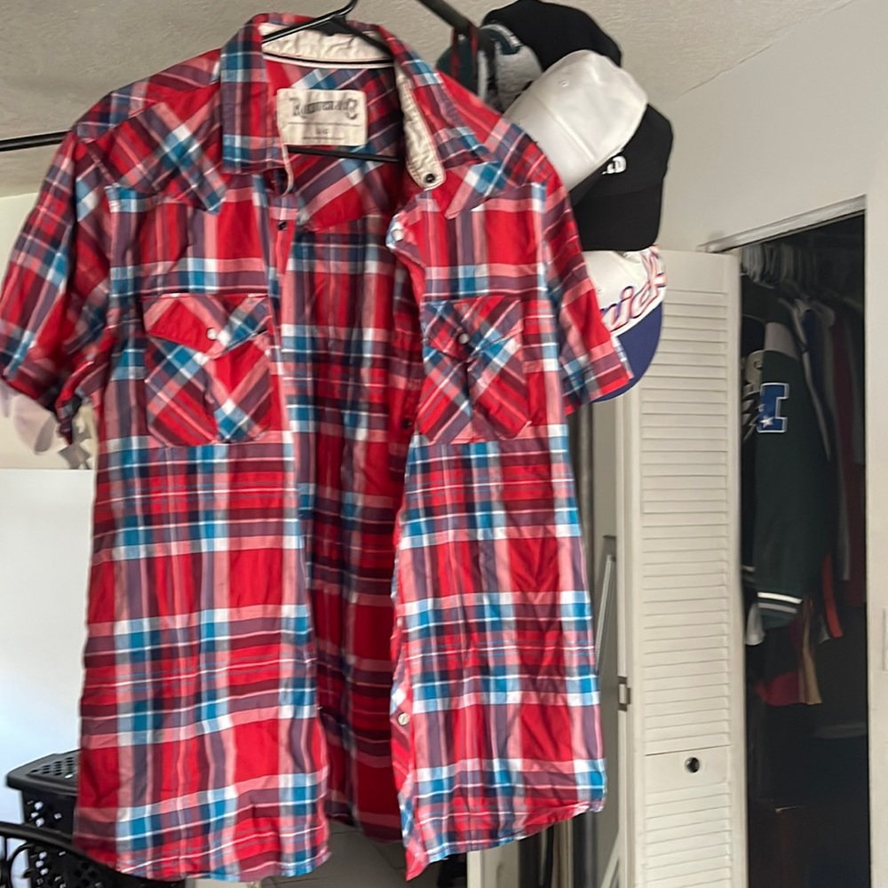 Roebuck & Co mens red white and blue plaid. Size Large
